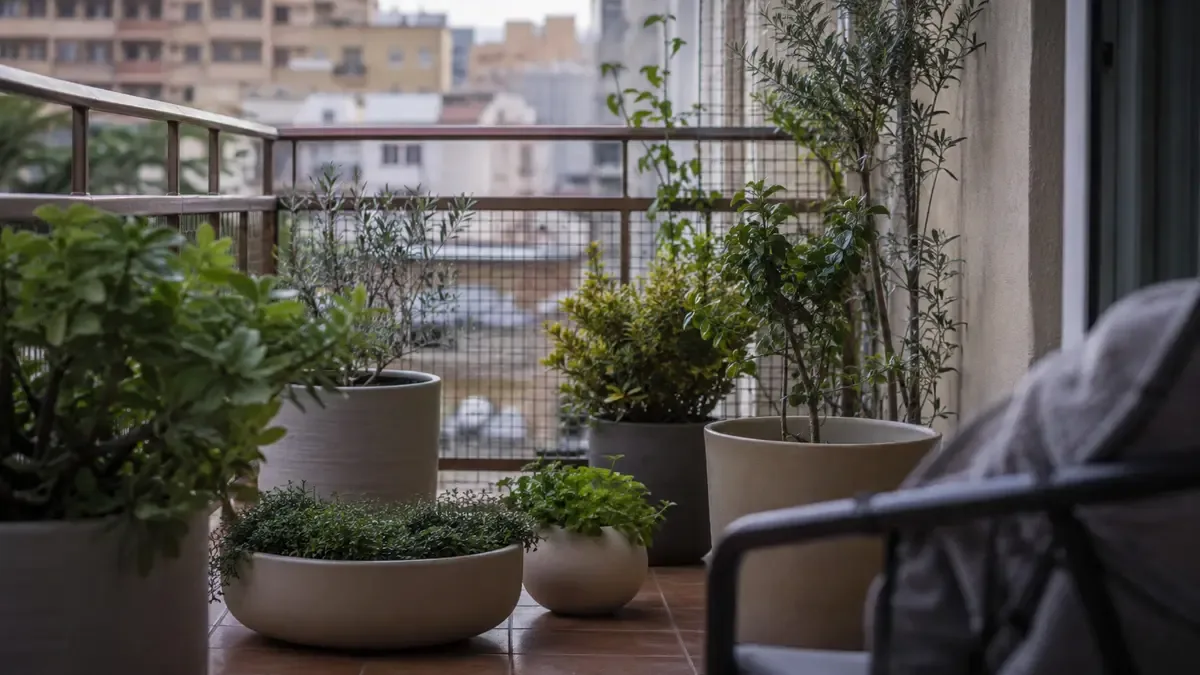 Macetas de distintos tamaños con plantas sanas en un balcón urbano compacto, plano medio documental, perspectiva natural