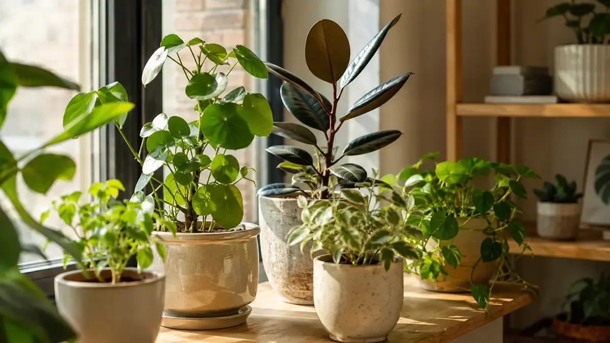 Plantas de interior en macetas junto a una ventana