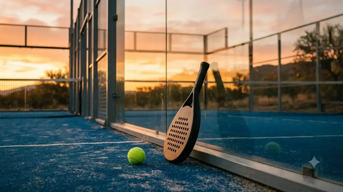 Pared de vidrio de pádel con una paleta apoyada y una pelota