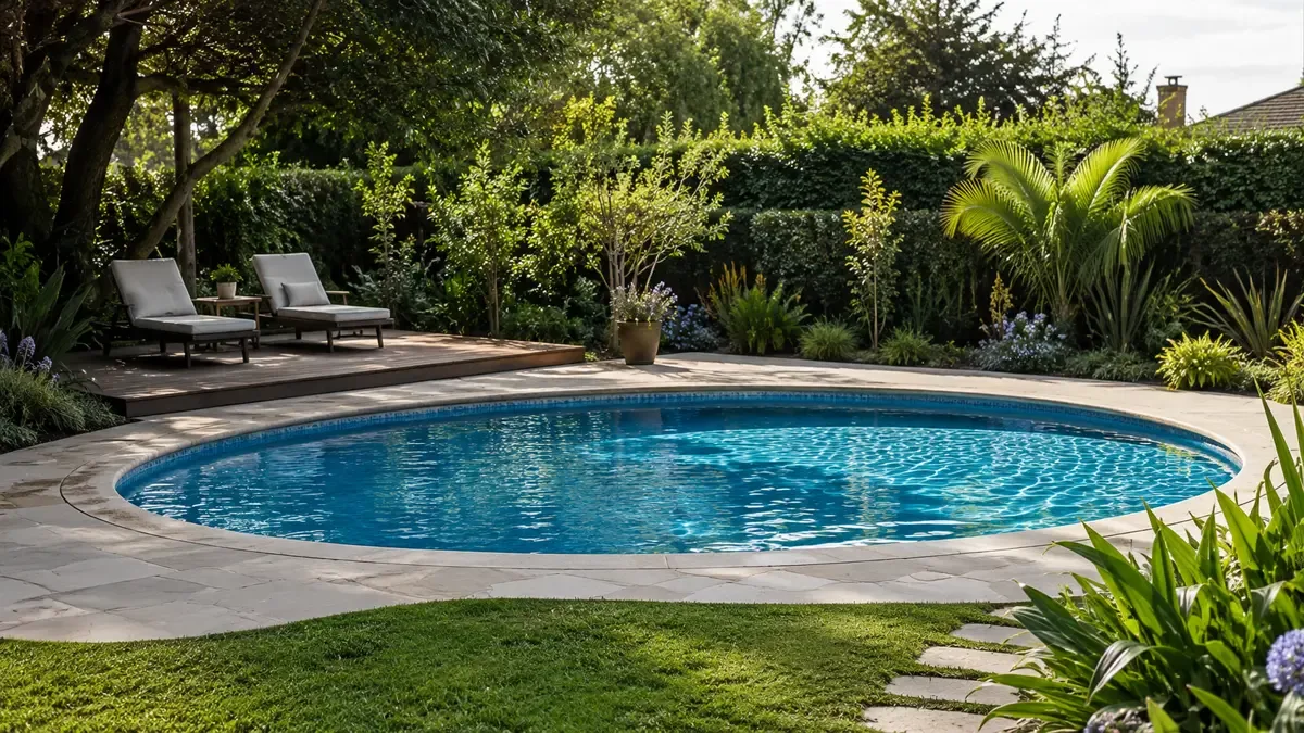 Piscina redonda en un jardin